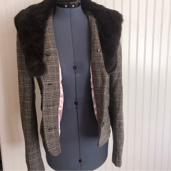 Juicy Couture Wool Tweed Blazer Removable Rabbit Fur Collar Vintage Y2k Rare - Picture 8 of 16